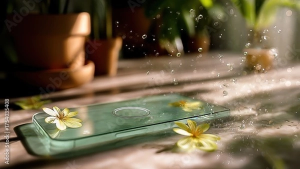 Obraz A sleek smartphone with floral elements and water droplets, showcasing innovation in a natural setting.