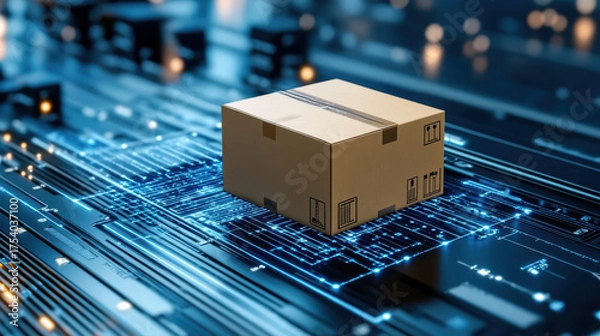 Fototapeta Cardboard box on digital circuit background, symbolizing logistics and technology integration
