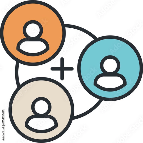 Obraz Illustration of three interconnected people icons in orange blue and beige circles with a plus sign representing teamwork and collaboration in a clean white background