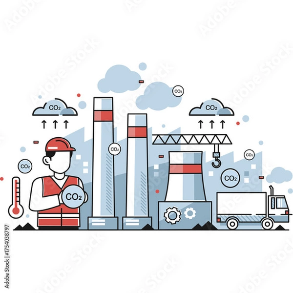 Obraz Industrial Factory Scene with Worker Monitoring Emissions and Environmental Concerns 1950s Style