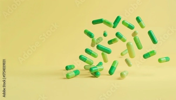 Obraz Floating green capsules against a soft yellow background health and medicine