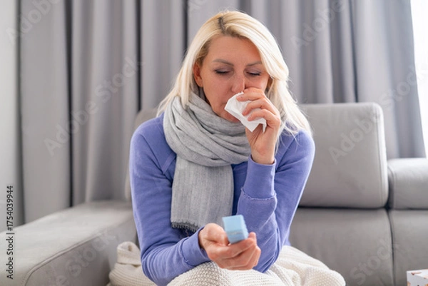 Obraz Middle aged blonde woman sitting on couch at home, holding a box of medicines while recovering from cold or flu. Concept of illness, self care, home treatment, and cozy rest.