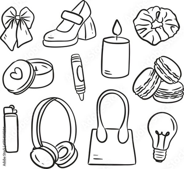 Obraz Hand drawn everyday items vector illustration in simple outline style
