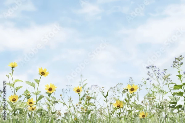 Obraz Vibrant sunflowers and wildflowers bloom under bright blue sky, creating cheerful and serene landscape