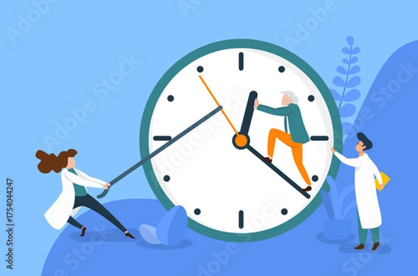 Obraz longevity concept: old lady and doctors trying to stop the clock