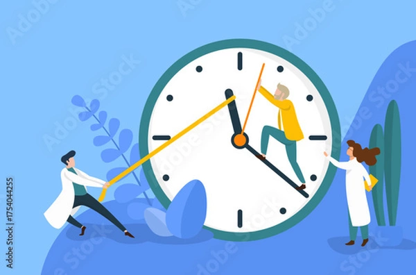 Obraz longevity concept: old man and doctors trying to stop the clock