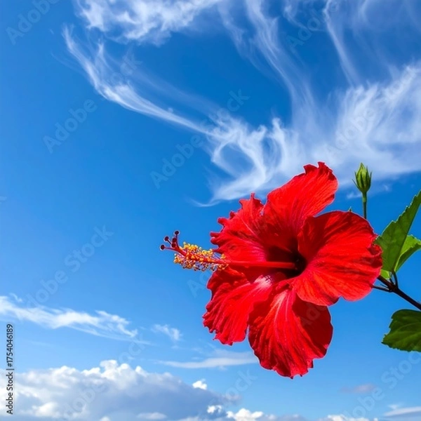 Obraz Vivid red tropical flower against a brilliant blue sky with wispy clouds