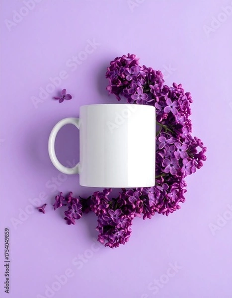 Obraz White mug rests amid purple blossoms, on a matching lavender surface