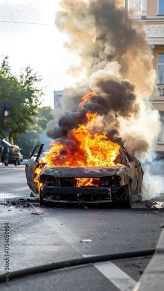 Fototapeta A vehicle engulfed in flames on an urban street, thick smoke billowing, highlighting the destructive nature