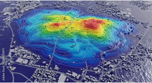 Obraz 3D topographic map visualization with contour lines over a city showing elevation changes and urban landscape