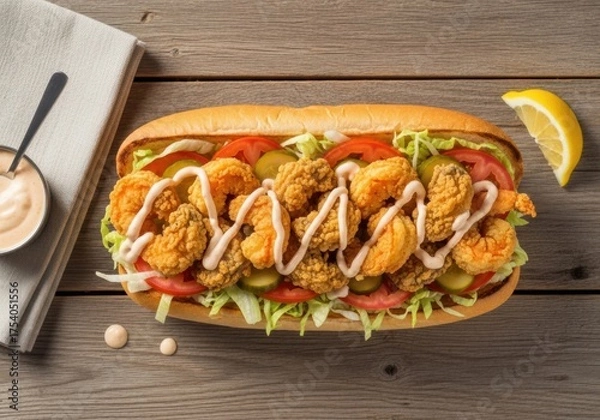 Fototapeta Crispy Fried Shrimp Po'Boy Sandwich with Remoulade, Lettuce & Tomato — Top View