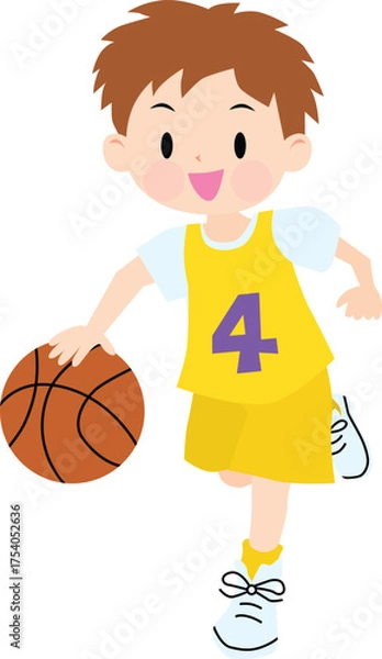 Fototapeta Illustration of a boy wearing yellow jerseys playing basketball. Vector Illustration.