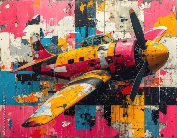Obraz Vibrant illustration presents a colorful airplane, featuring a radial engine and propeller, set against a textured, graffiti-style backdrop with splashes of paint, creating a sense of dynamic...