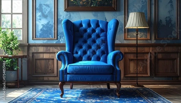 Obraz Luxurious, button-tufted blue armchair dominates a classic, elegant room interior.  A floor lamp beside the chair casts warm light, complemented by a window and decorative wall art.
