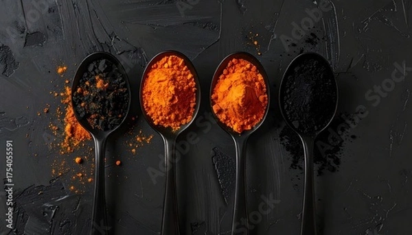 Obraz Culinary presentation of four black spoons each holding finely ground spices, showcasing contrasting black and vibrant orange powders, set against a textured, dark backdrop.