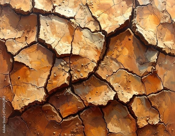Obraz Earth's arid surface exhibits a fragmented pattern of cracked, parched segments, showcasing textured details and rich hues of brown and orange, evoking a sense of dryness and desolation within the...