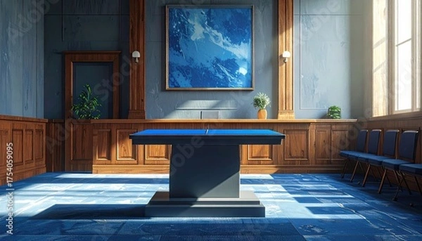 Obraz Elegant interior features a striking blue and brown color palette, with a central table, framed artwork, and natural light illuminating the space through a large window, suggesting a modern and...