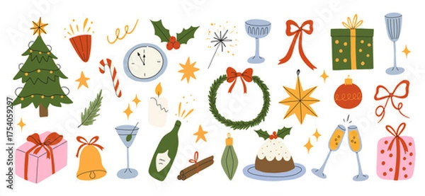 Obraz Cute Christmas and New Year doodle vector set.