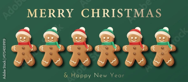 Obraz Cute gingerbread wearing hat and scarf in a row vector illustration. Merry Christmas Poster Design 