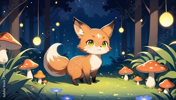 Fototapeta Adorable cartoon fox in glowing night forest