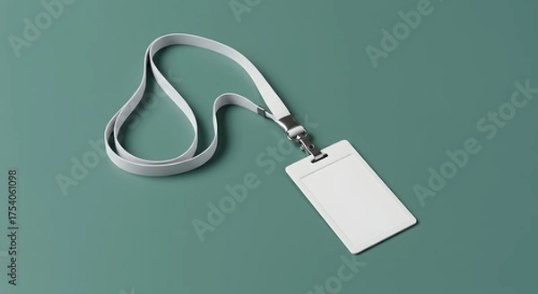 Fototapeta Blank white ID card with lanyard on a teal background.