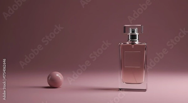Fototapeta Elegant perfume bottle with a pink sphere on a pink background.