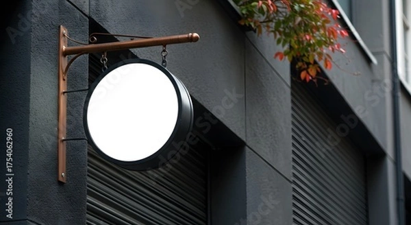 Fototapeta Blank white round sign mockup hanging on a dark modern building facade.