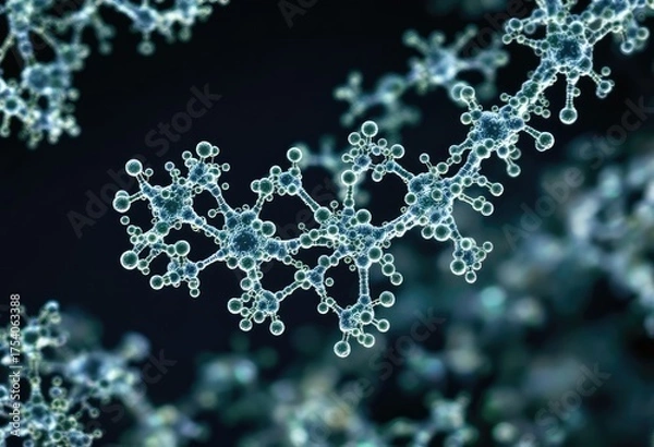 Fototapeta Complex molecular network, teal and light gray spheres connected by lines, dark background