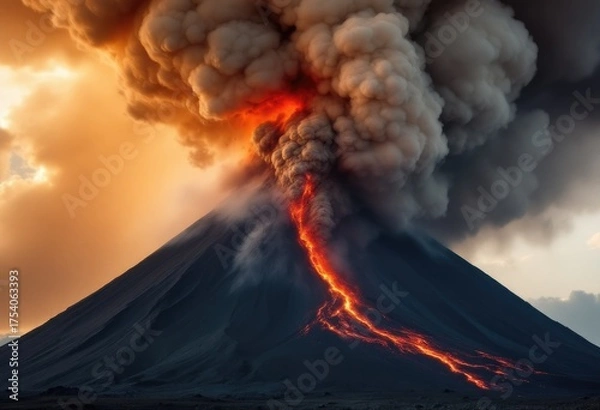 Fototapeta Erupting volcano, fiery lava, dramatic clouds