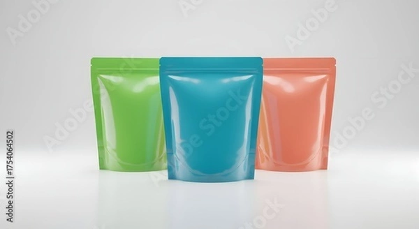 Fototapeta Three colorful blank stand up pouch mockups on a reflective surface.