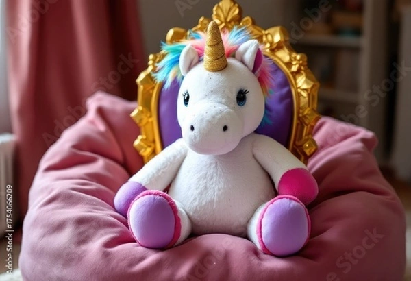 Fototapeta Fluffy unicorn plush in a royal throne