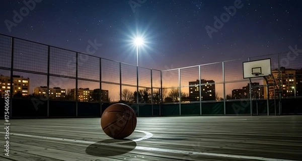 Fototapeta Basketball court at night with a ball and hoop under the lights.