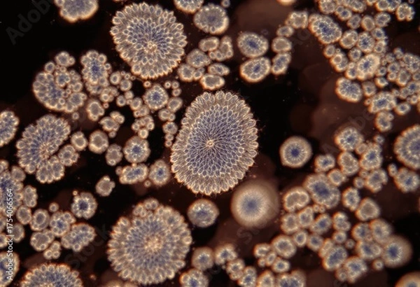 Fototapeta Microscopic view of circular, ornate structures, light beige and muted blue, against dark background
