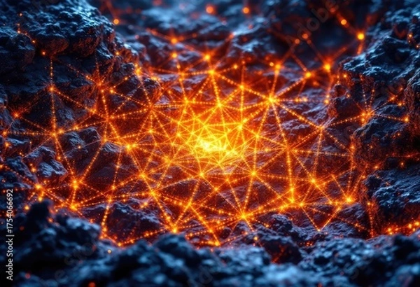 Fototapeta Abstract network embedded in dark rocky terrain