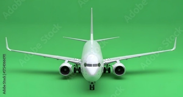 Fototapeta Front View of a Detailed Commercial Jet Airplane Model on Green Background.