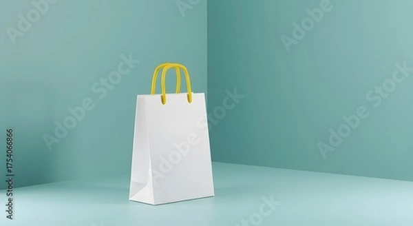 Fototapeta White paper shopping bag with yellow handles in a minimalist teal corner studio setting.