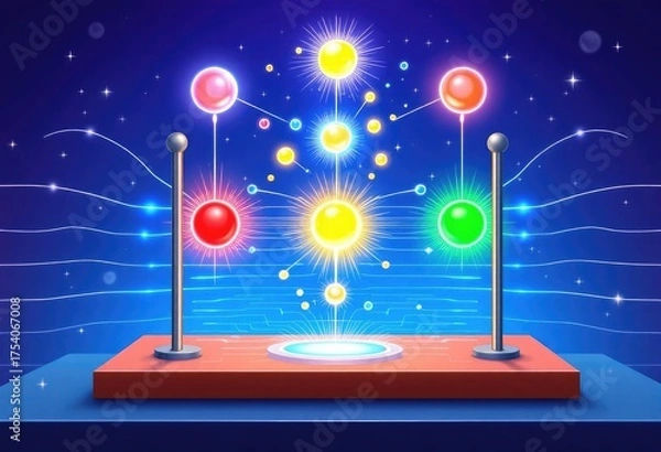 Fototapeta Colorful glowing orbs connected by lines on a pedestal, futuristic display