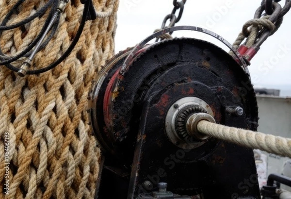 Fototapeta Close-up of a weathered fishing winch with ropes