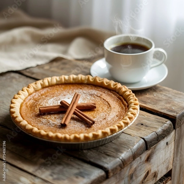 Fototapeta Pumpkin Pie and Coffee on Rustic Wooden Table.