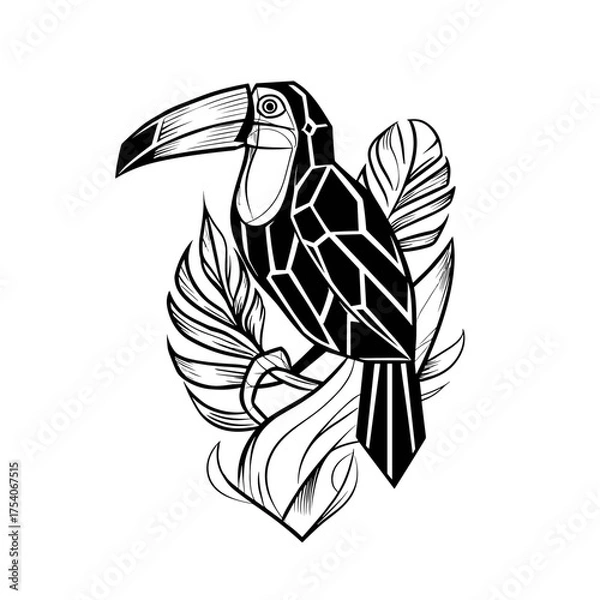 Fototapeta A black and white geometric illustration featuring a stylized bird head, possibly a toucan,