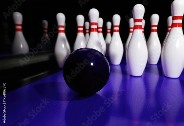 Fototapeta Bowling ball poised before a row of pins on a vibrant blue lane