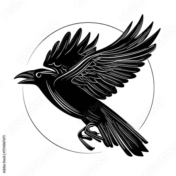 Fototapeta A bold black and white crow stencil tattoo design featuring tribal line art, minimalistic style,