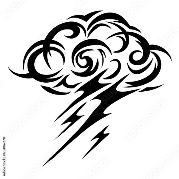 Fototapeta Bold tribal tattoo design featuring a stylized brain with intricate line work and a dynamic lightning bolt,