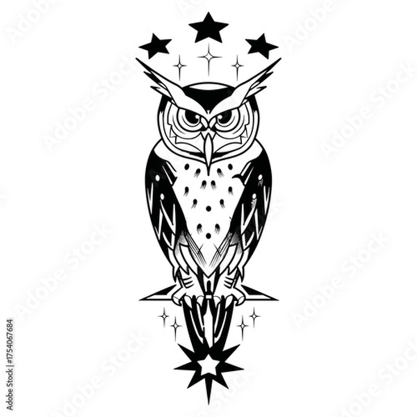 Fototapeta A monochrome vector illustration of an owl with bold tribal patterns on its chest and wings,