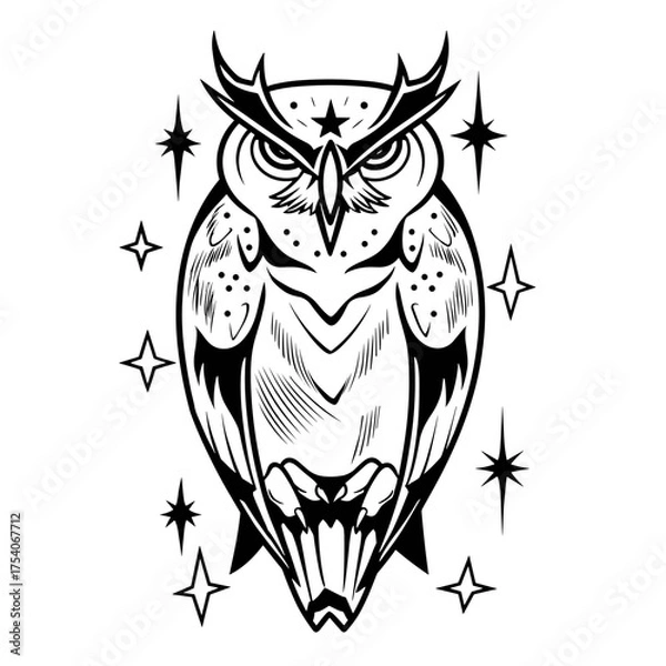 Obraz A bold black and white tribal owl tattoo design featuring stars, mystical cartoon outline drawing suitable for body art.