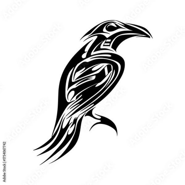 Fototapeta A black and white vector illustration of an intricately designed bird with ornamental tattoo like appearance,