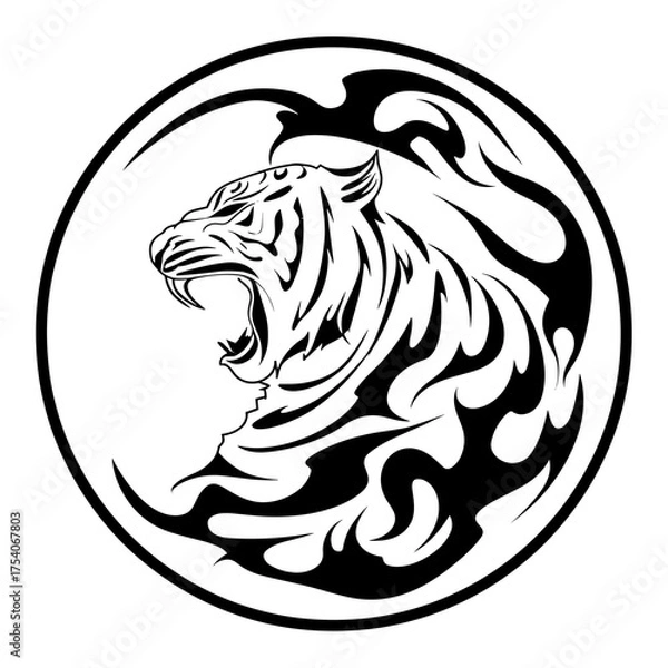 Fototapeta A bold black and white tattoo design featuring a roaring tiger's head within a circular pattern,