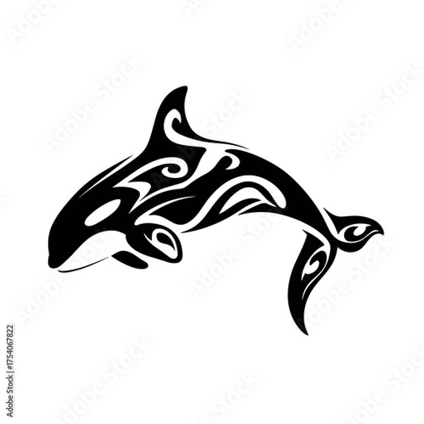 Obraz Minimalist black and white tattoo design featuring an orca whale with intricate tribal patterns woven into its bone stru