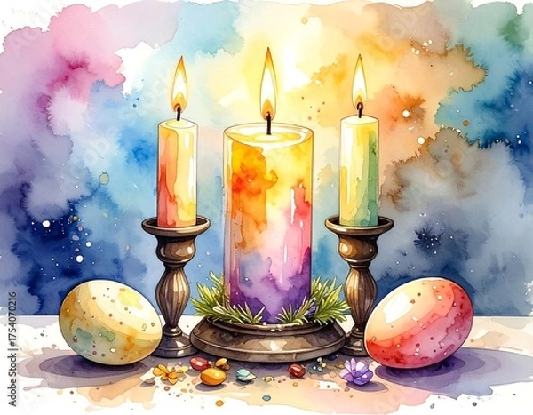 Fototapeta Watercolor image with burning candles and Easter eggs