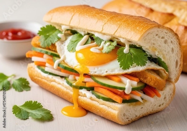 Fototapeta Banh Mi Sandwich with Fried Egg, Pickled Vegetables and Cilantro on Baguette